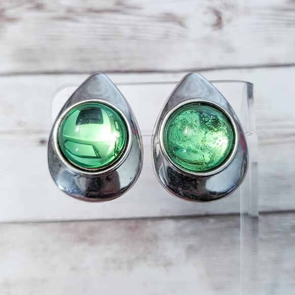 Vintage Clip On Earrings Large Teardrop Shape with Green Center - Picture 1 of 8
